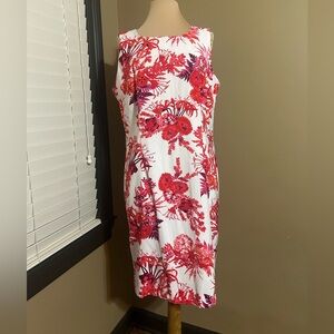 Mario Serrani Red and White Tropical Leaf Floral Midi Dress